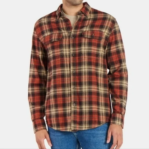 George Men's Button Down Red Tan & Black Plaid Flannel Double Pocket Shirt-SZ:M - Picture 11 of 16